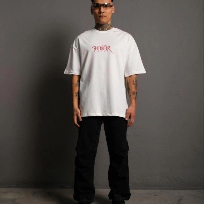 Erkek Baskılı T-Shirt Oversize Kısa kol Bisiklet yaka tişort - Beyaz